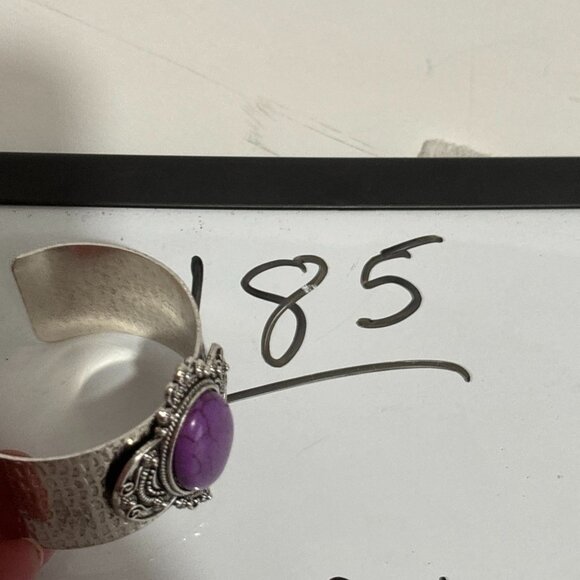 Wide Silver Cuff Bracelet Purple Stone Open Back Jewelry Intricate Metalwork - Picture 10 of 10